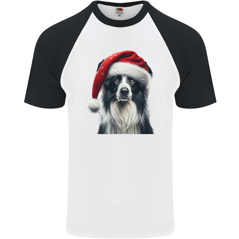 Christmas Border Collie Wearing an Xmas Hat Dog Mens S/S Baseball T-Shirt White/Black