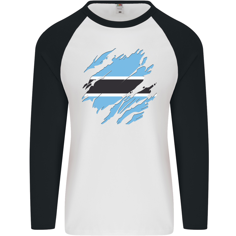 Torn Botswana Flag Batswana Day Football Mens L/S Baseball T-Shirt White/Black