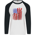 USA Guitar Flag Guitarist Electric Acoustic Mens L/S Baseball T-Shirt White/Black