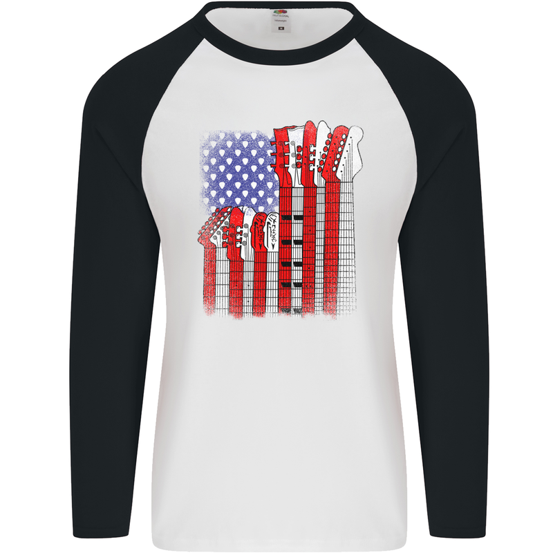 USA Guitar Flag Guitarist Electric Acoustic Mens L/S Baseball T-Shirt White/Black