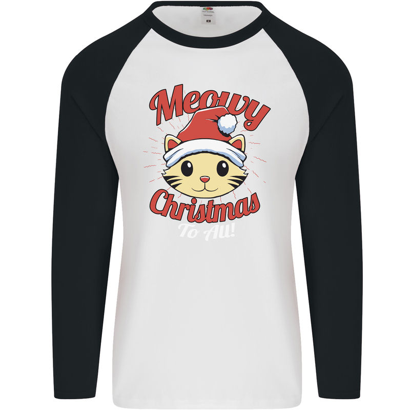 Christmas Cat Meowy Funny Christmas Mens L/S Baseball T-Shirt White/Black