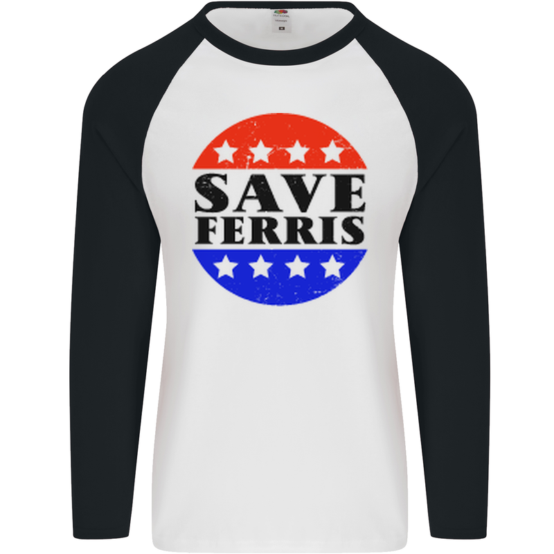 Save Ferris Distressed Funny 80's Movie Mens L/S Baseball T-Shirt White/Black