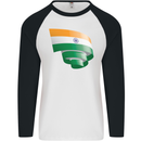 Curled India Flag Indian Day Football Mens L/S Baseball T-Shirt White/Black