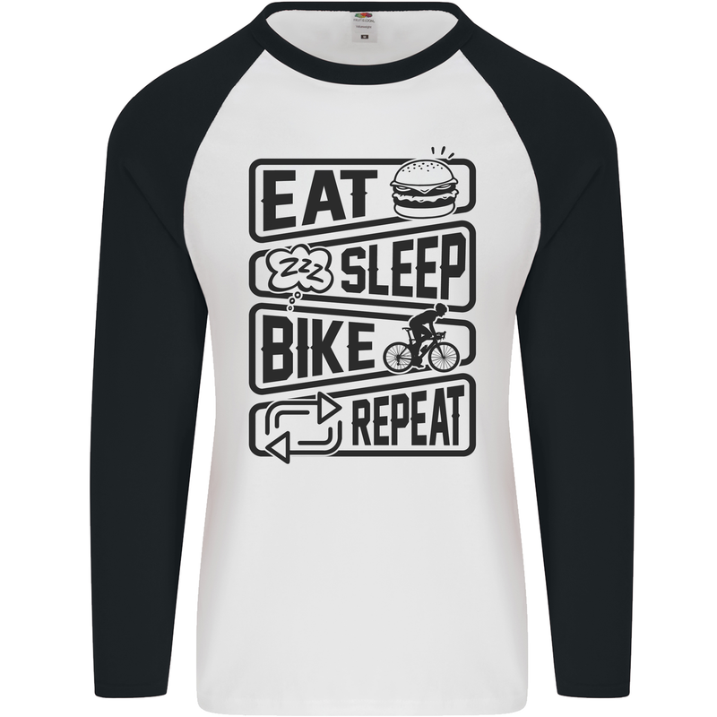 Cycling Eat Sleep Bike Repeat Funny Bicycle Mens L/S Baseball T-Shirt White/Black