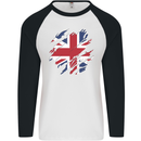 Torn British Flag Union Jack Britain Mens L/S Baseball T-Shirt White/Black