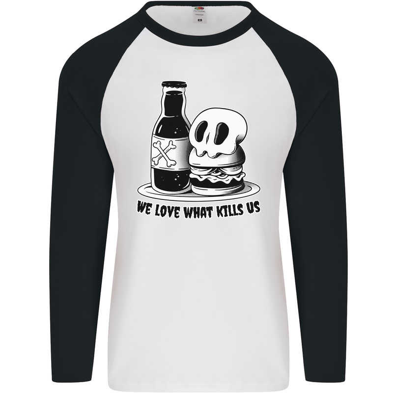 What We Love Kills Us Burger Food Skull Mens L/S Baseball T-Shirt White/Black