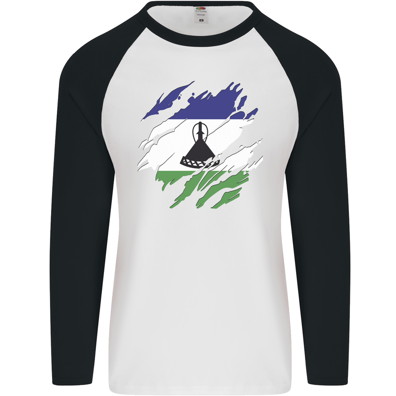 Torn Lesotho Flag Basotho Day Football Mens L/S Baseball T-Shirt White/Black