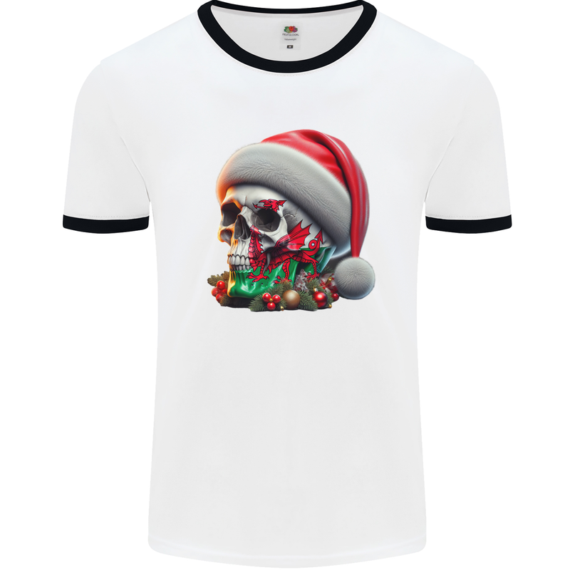 Wales Christmas Skull Xmas Welsh Flag Rugby Mens Ringer T-Shirt White/Black