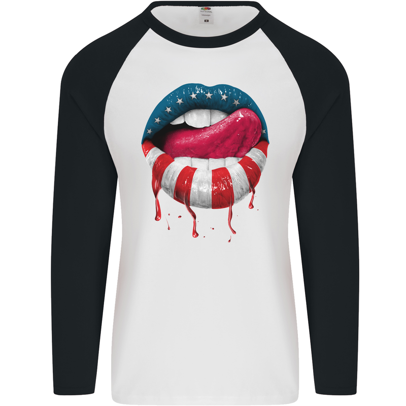 Sexy USA Flag Lips America July 4th Mens L/S Baseball T-Shirt White/Black