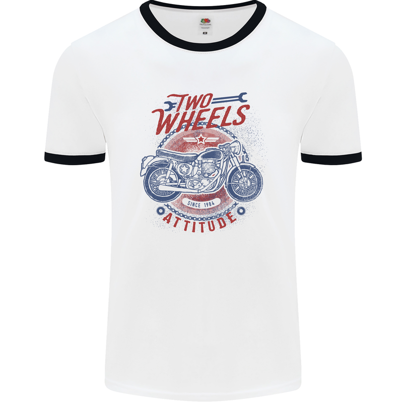 Two Wheels Attitude Motorcycle Biker Motorbike Mens Ringer T-Shirt White/Black