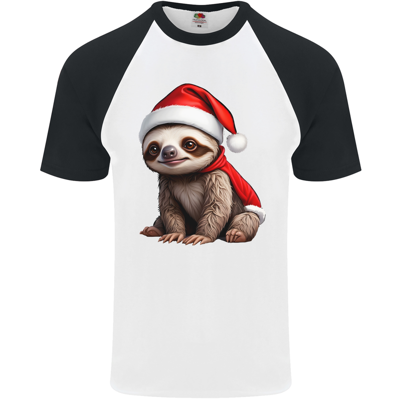 A Cute Christmas Sloth With Xmas Hat on Mens S/S Baseball T-Shirt White/Black