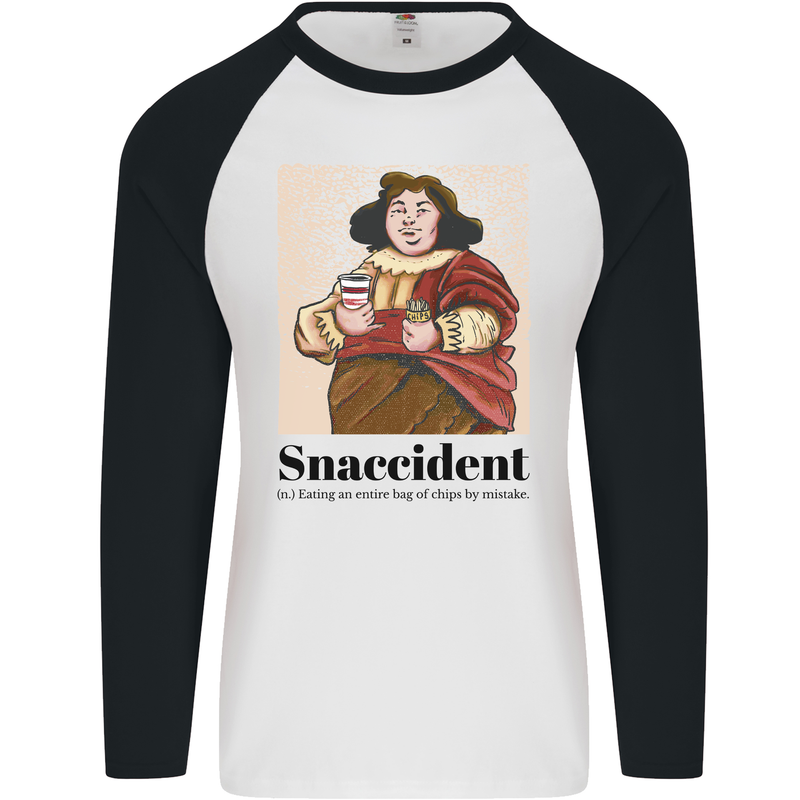 Snaccident Funny Junk Food Diet Weight Loss Mens L/S Baseball T-Shirt White/Black