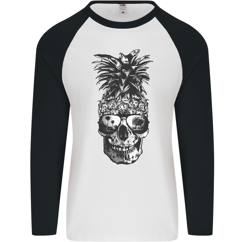 Pineapple Skull Surf Surfing Surfer Holiday Mens L/S Baseball T-Shirt White/Black