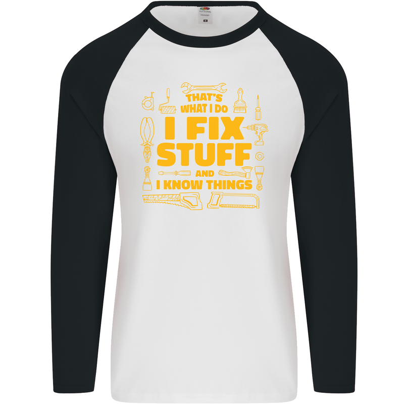 I Fix Stuff Funny Carpenter DIY Tradesman Mens L/S Baseball T-Shirt White/Black