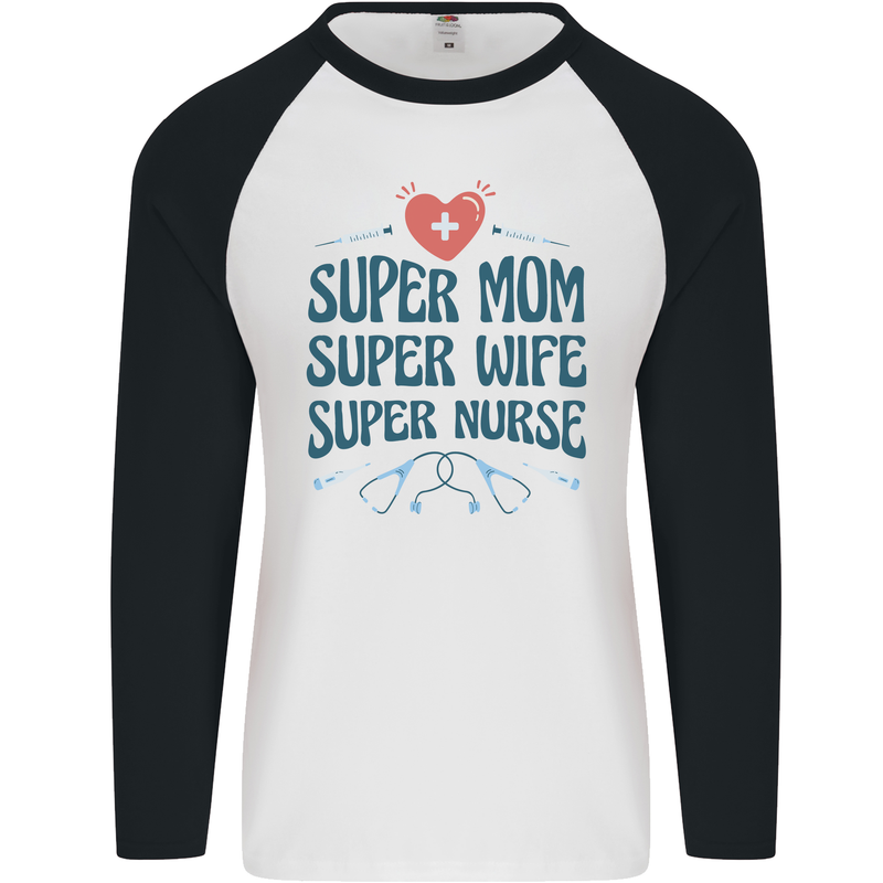 Super Mom Wife Nurse Mothers Day Gift Mens L/S Baseball T-Shirt White/Black