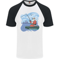 Santa Claus Fishing on a Pier Christmas Mens S/S Baseball T-Shirt White/Black