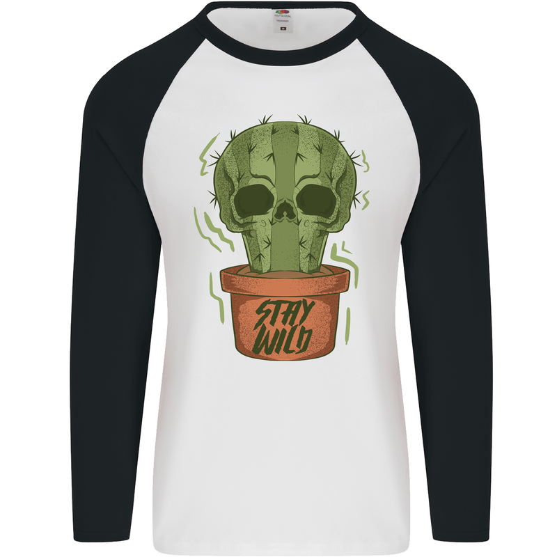 Cactus Skull Gardening Gardener Plants Mens L/S Baseball T-Shirt White/Black