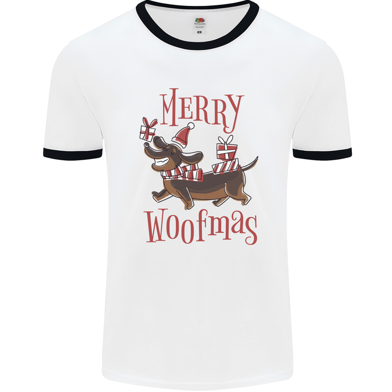 Merry Woofmas Funny Xmas Dog Mens Ringer T-Shirt White/Black