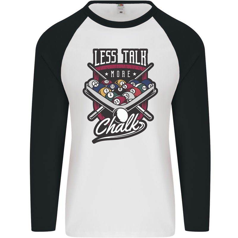 Less Talk More Chalk Funny 9-Ball Pool Mens L/S Baseball T-Shirt White/Black