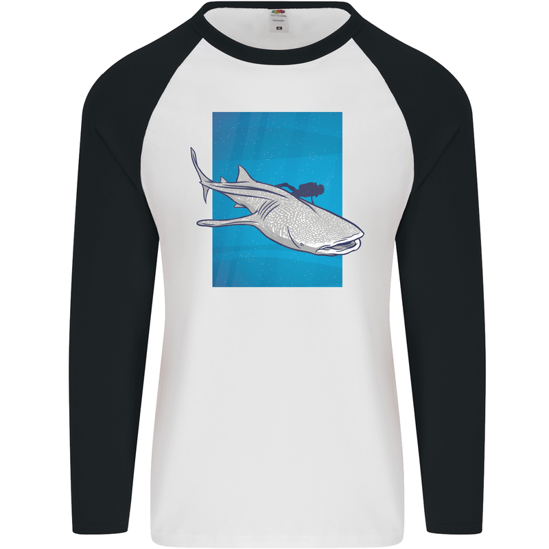 A Whale Shark and Scuba Diver Mens L/S Baseball T-Shirt White/Black