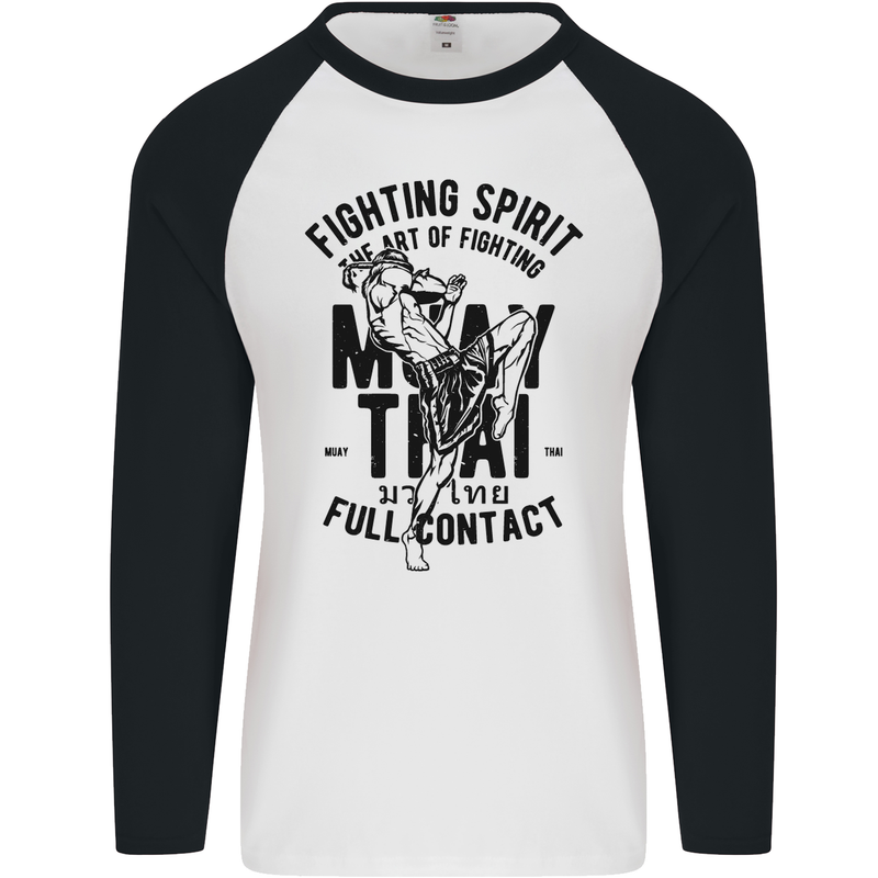 Muay Thai Full Contact Martial Arts MMA Mens L/S Baseball T-Shirt White/Black