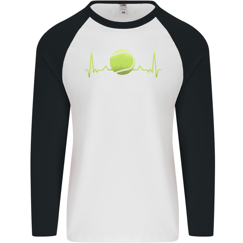 Tennis Player ECG Pulse Mens L/S Baseball T-Shirt White/Black