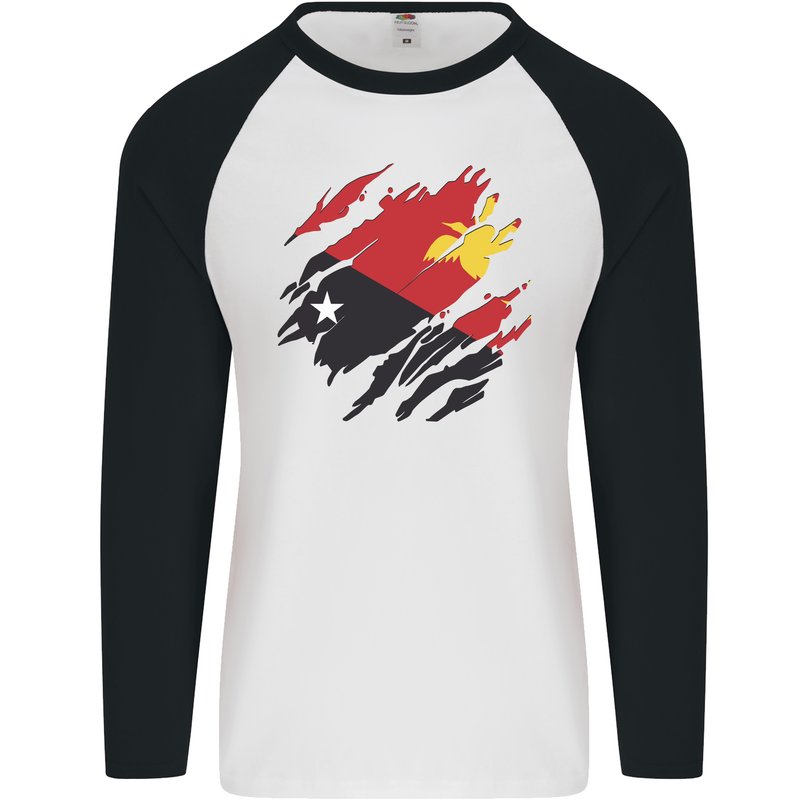 Torn Papua New Guinea Flag Day Football Mens L/S Baseball T-Shirt White/Black