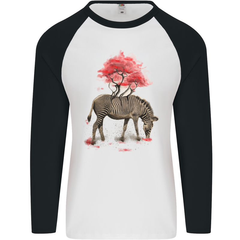 Zebra and Tree Watercolour Mens L/S Baseball T-Shirt White/Black