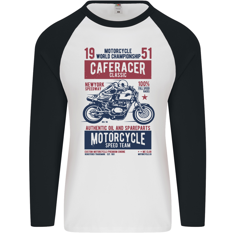 Biker Cafe Racer 1951 Motorbike Motorcycle Mens L/S Baseball T-Shirt White/Black