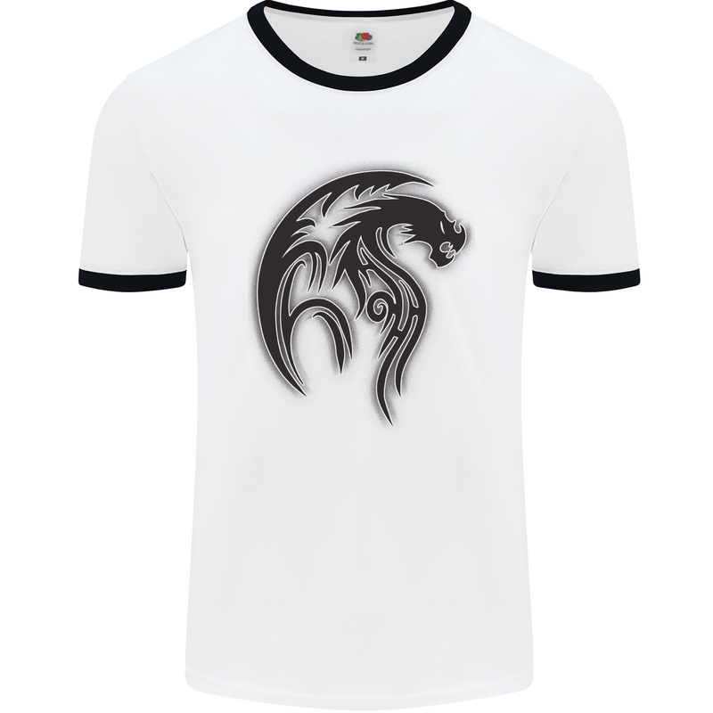 Black Tribal Tattoo Style Dragon Mens Ringer T-Shirt White/Black