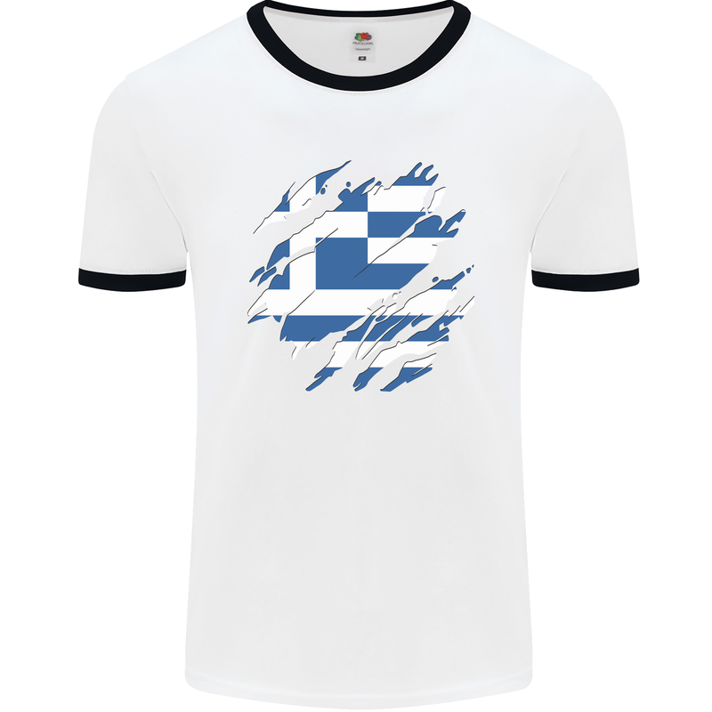 Torn Greece Flag Greek Day Football Mens Ringer T-Shirt White/Black