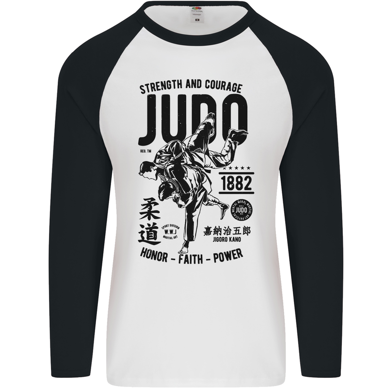 Judo Strength and Courage Martial Arts MMA Mens L/S Baseball T-Shirt White/Black
