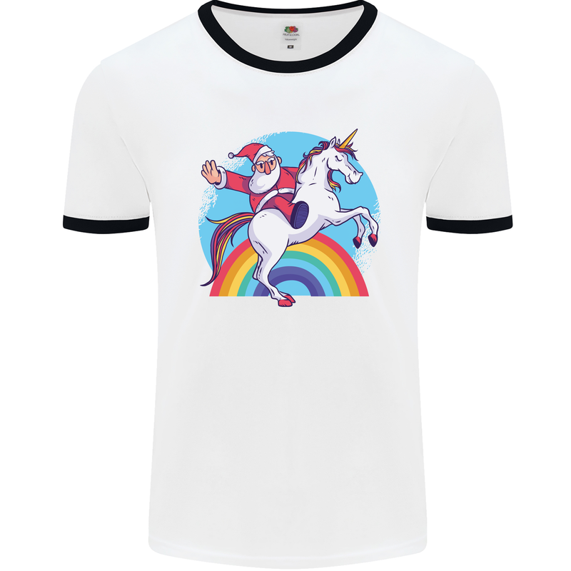 Santa Claus On a Unicorn Christmas Xmas Mens Ringer T-Shirt White/Black