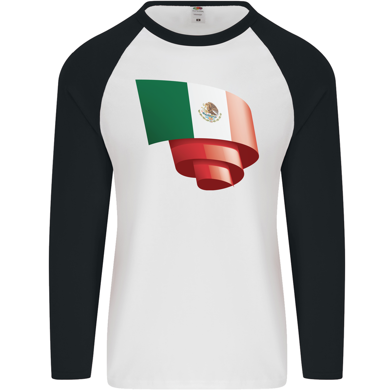Curled Mexico Flag Mexican Day Football Mens L/S Baseball T-Shirt White/Black