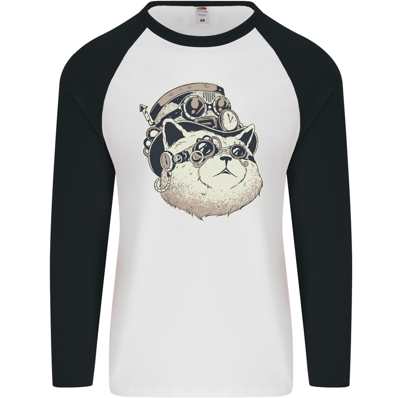 Steampunk Cat Mens L/S Baseball T-Shirt White/Black