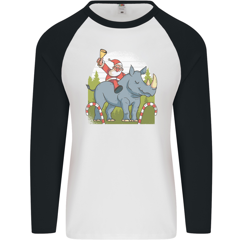 A Christmas Rhino With Santa Xmas Mens L/S Baseball T-Shirt White/Black