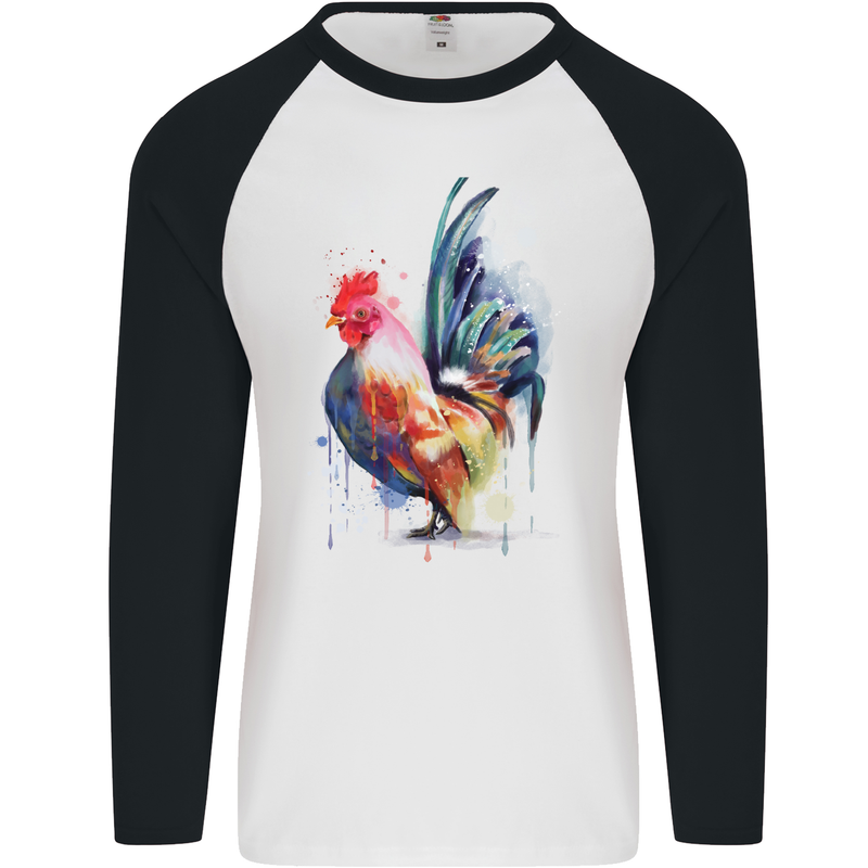 A Chicken Watercolour Mens L/S Baseball T-Shirt White/Black