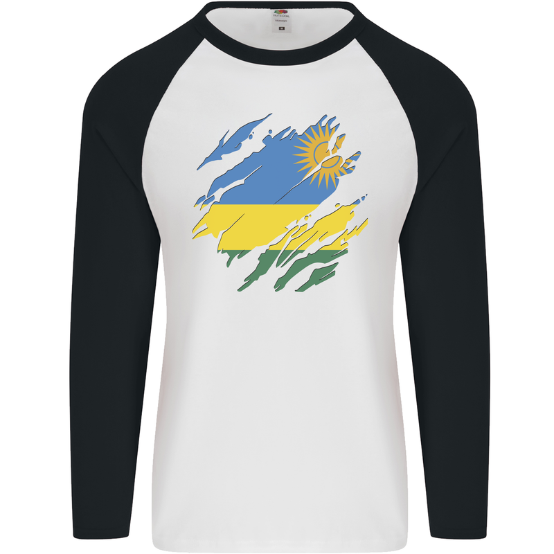 Torn Rwanda Flag Rwandan Day Football Mens L/S Baseball T-Shirt White/Black