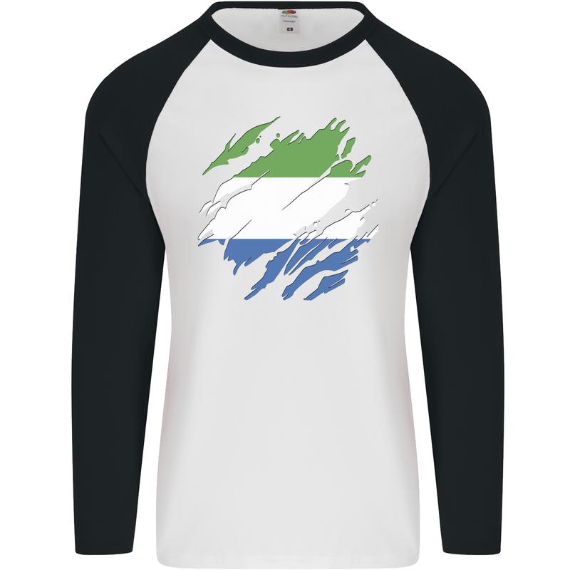 Torn Sierra Leone Flag Leonian Day Football Mens L/S Baseball T-Shirt White/Black