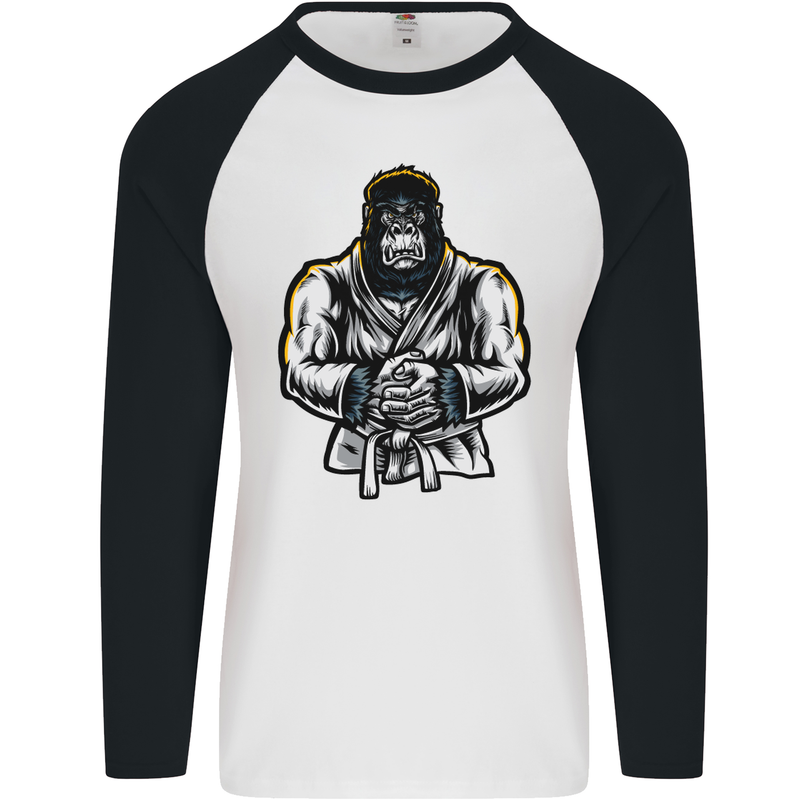 Jiu Jitsu Gorilla MMA Martial Arts Karate Mens L/S Baseball T-Shirt White/Black