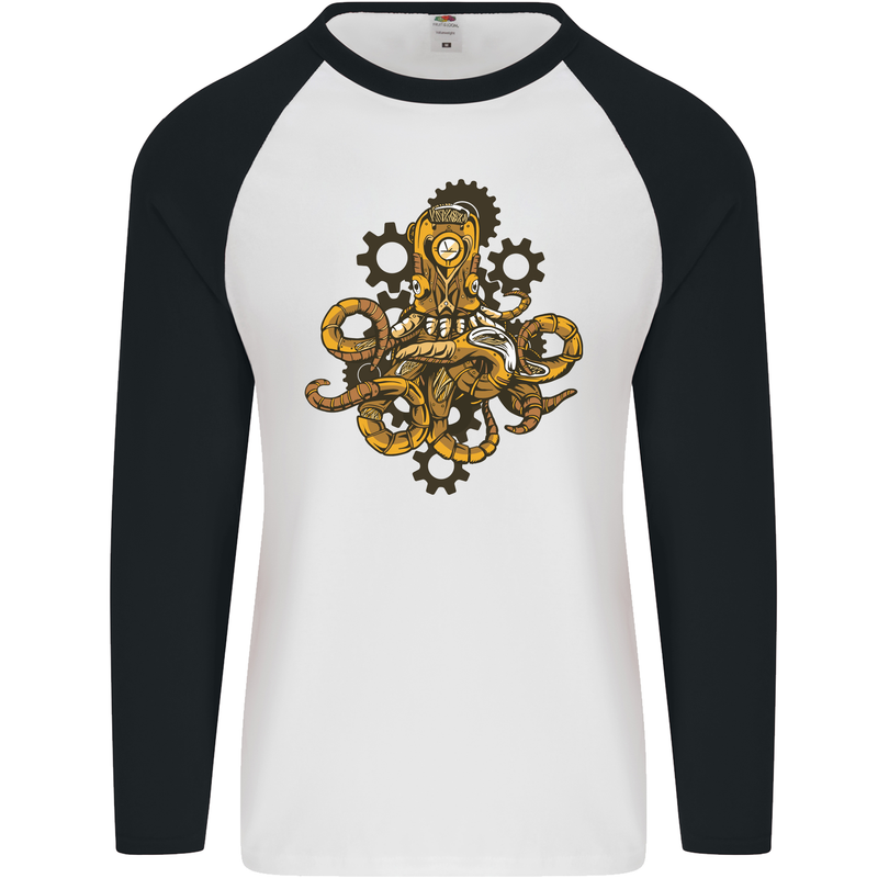 Steampunk Octopus Scuba Diving Cthulhu Mens L/S Baseball T-Shirt White/Black