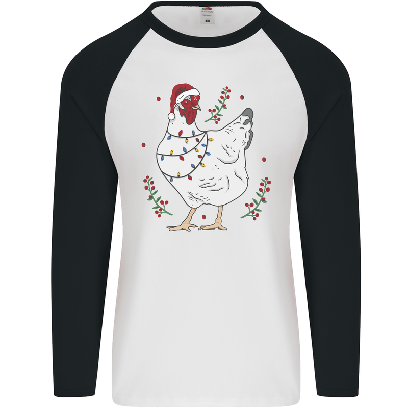 A Christmas Chicken Wearing an Xmas Hat Mens L/S Baseball T-Shirt White/Black