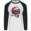 USA Christmas Skull Xmas American Flag Biker Mens L/S Baseball T-Shirt White/Black