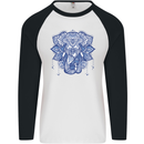 Elephant Mandala Art Mens L/S Baseball T-Shirt White/Black