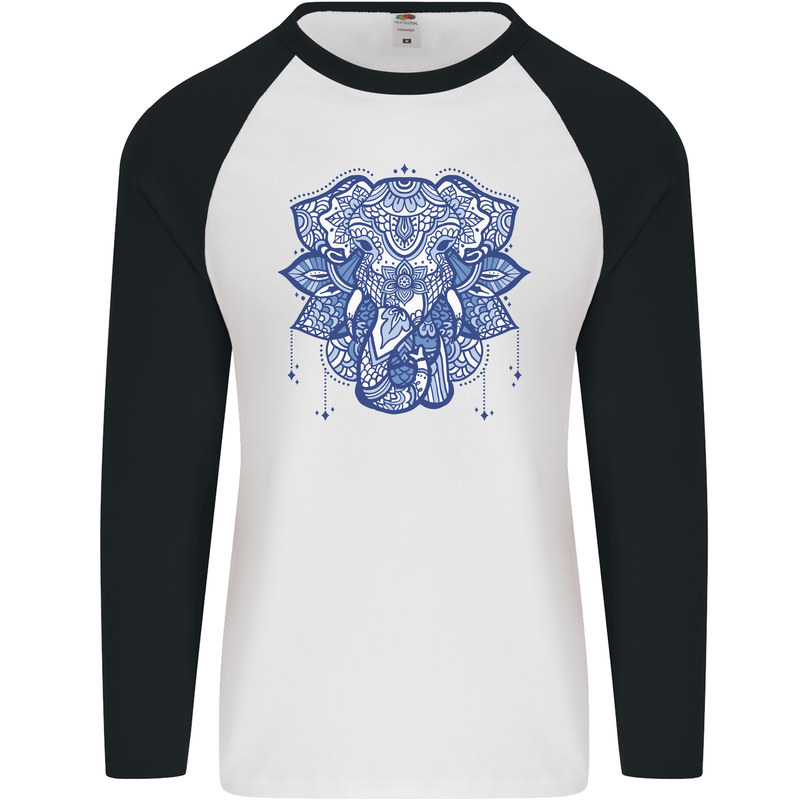 Elephant Mandala Art Mens L/S Baseball T-Shirt White/Black