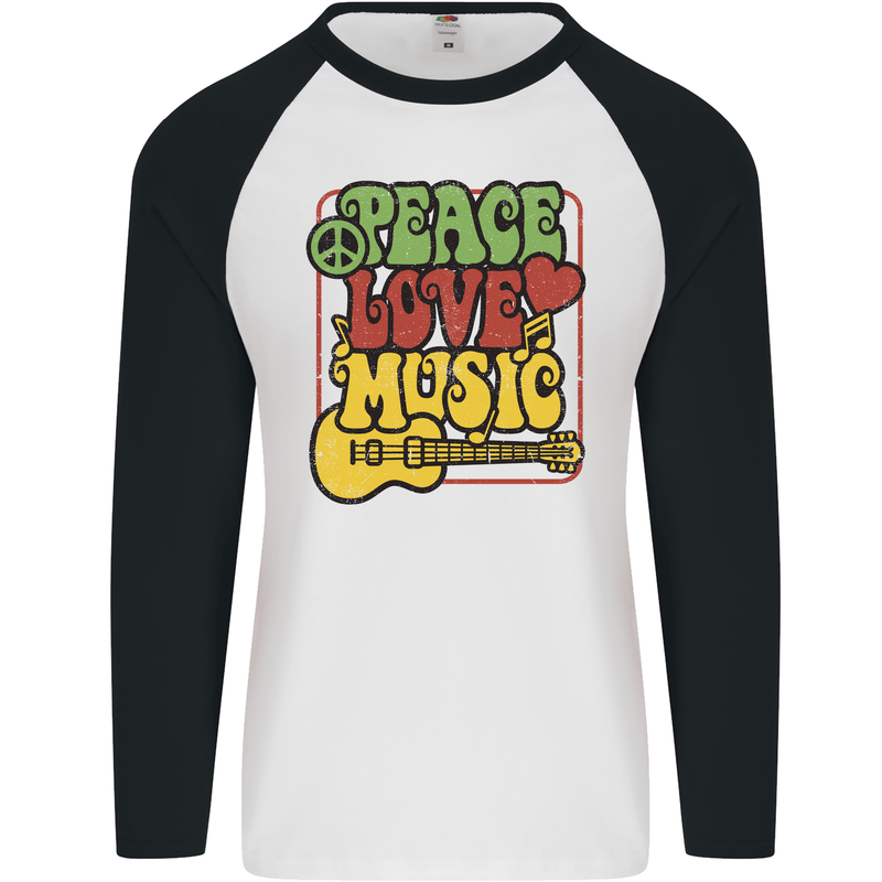 Peace Love Music Guitar Hippy Flower Power Mens L/S Baseball T-Shirt White/Black