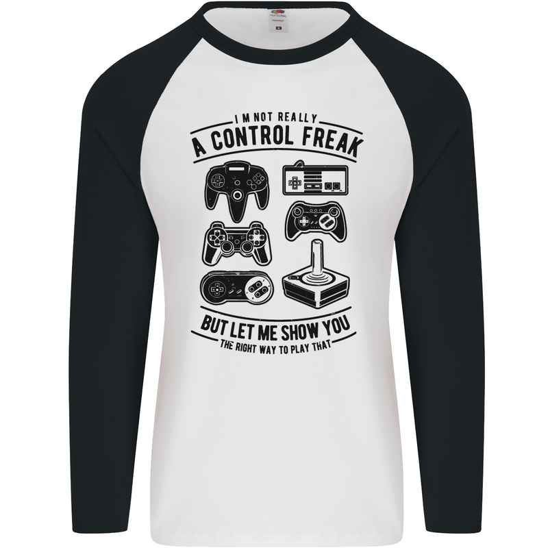 Control Freak Funny Gaming Gamer Mens L/S Baseball T-Shirt White/Black