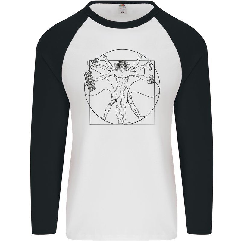 Gaming Vitruvian Gamer Funny Video Games Mens L/S Baseball T-Shirt White/Black