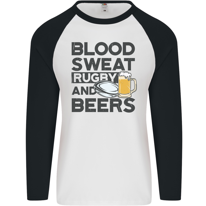 Blood Sweat Rugby and Beers Funny Mens L/S Baseball T-Shirt White/Black