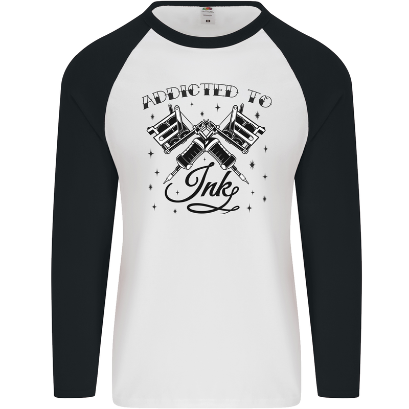 Addicted to Ink Tattoo Artist Tats Mens L/S Baseball T-Shirt White/Black